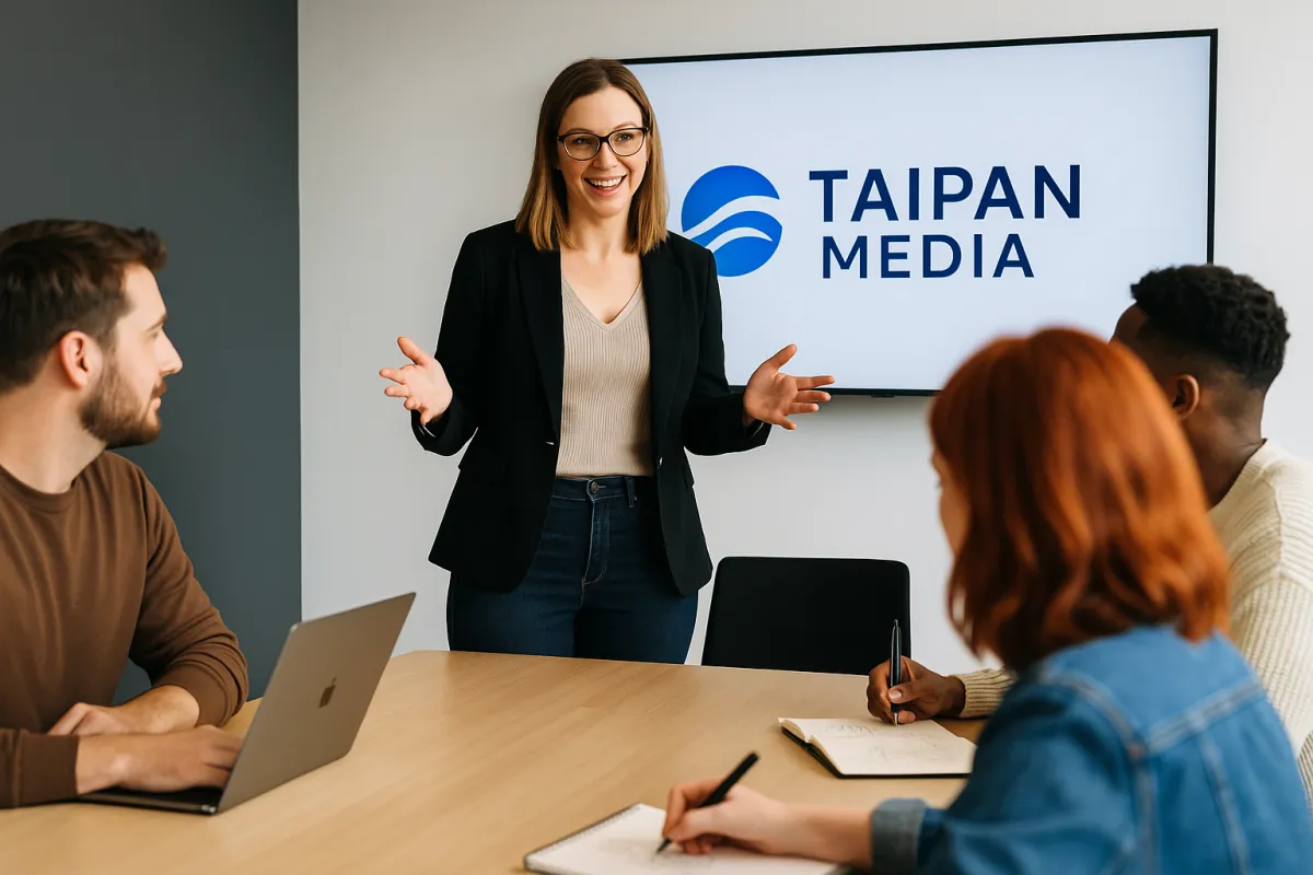 Professional woman from Taipan Media leading a creative team meeting in a conference room.