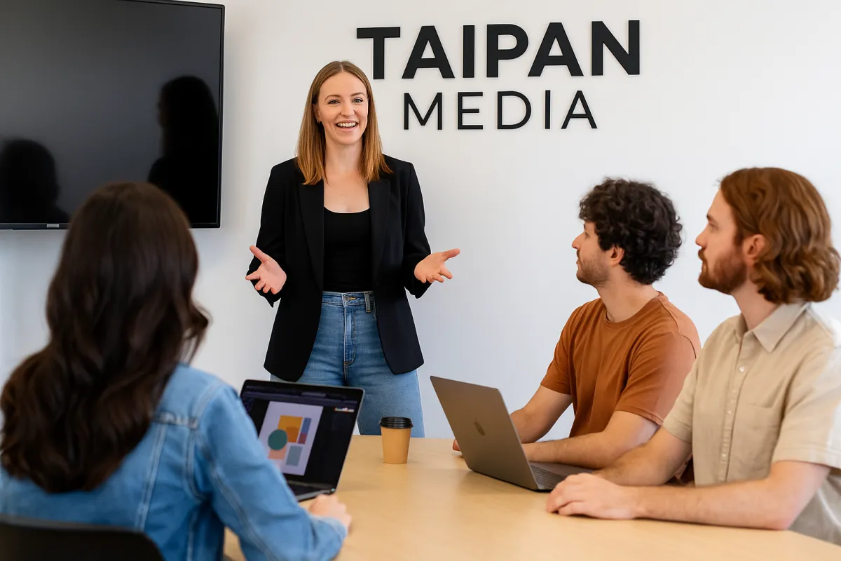 Businesswoman from Taipan Media brainstorming ideas with design team around a television.