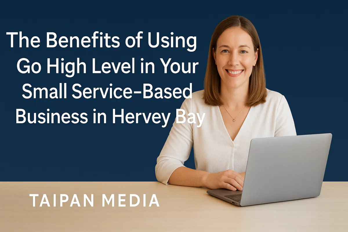 Caroline Douthwaite at desk with laptop and coffee, promoting Go High Level for Hervey Bay service businesses.