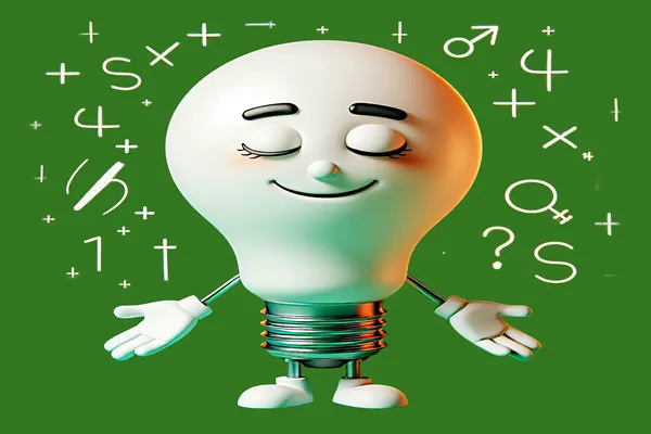 enlightened lightbulb smiling and zen amidst complex symbols