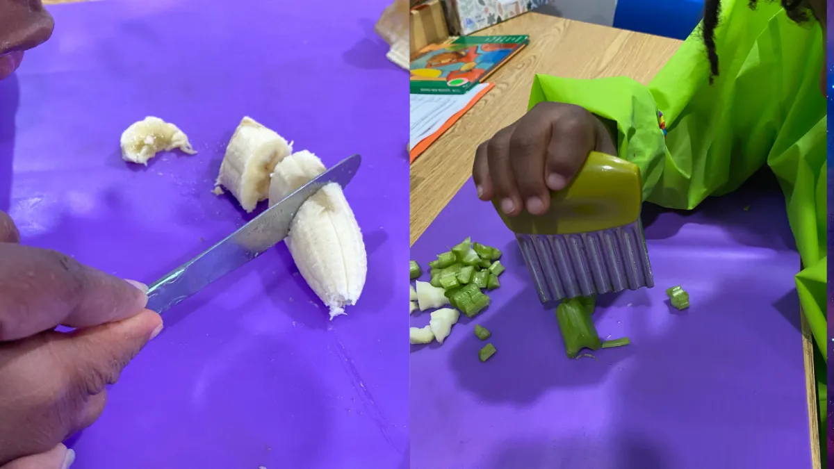 Children cutting fruits for snack time