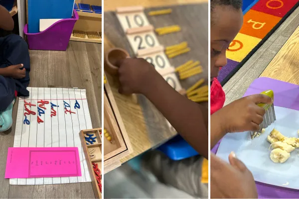 Children doing Montessori math, language, and practical life activities.