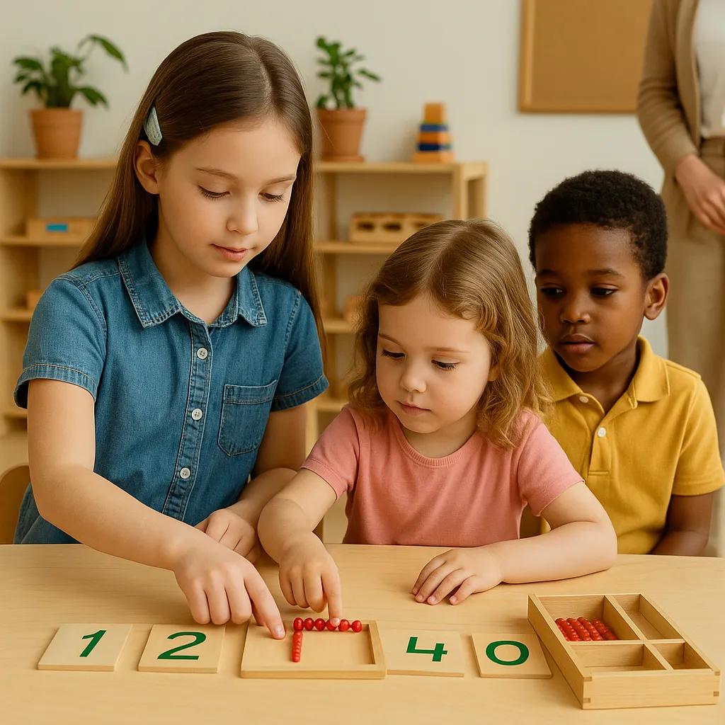 Older Montessori student guiding a younger child with hands-on learning materials in a multi-age classroom setting