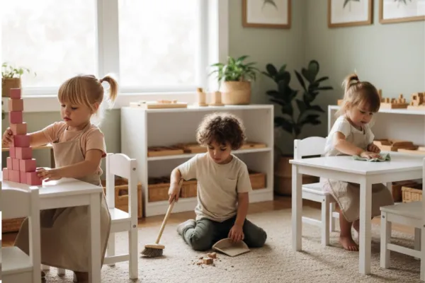 Child exploring Montessori activities in a cozy in-home preschool environment.