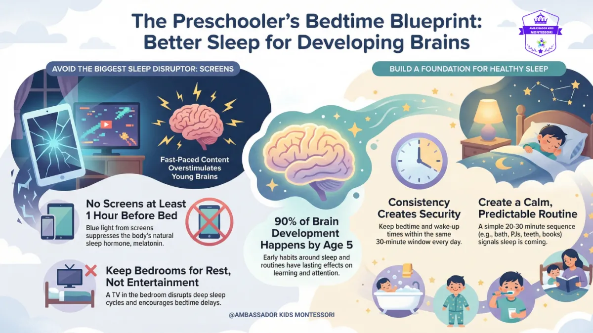 Infographic showing preschool bedtime routines, screen-free sleep tips, and brain development facts including that 90 percent of brain development happens by age five, created by Ambassador Kids Montessori.