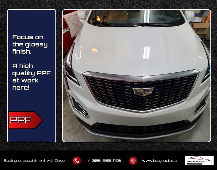 Image of Cadillac front end with professional paint protection film installation in Saskatoon
