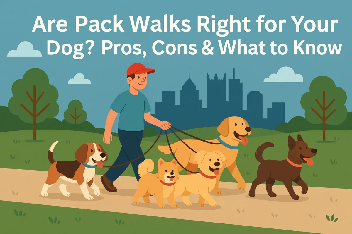 A group of happy dogs walking together in a park with a professional pet sitter in Downtown Pittsburgh.