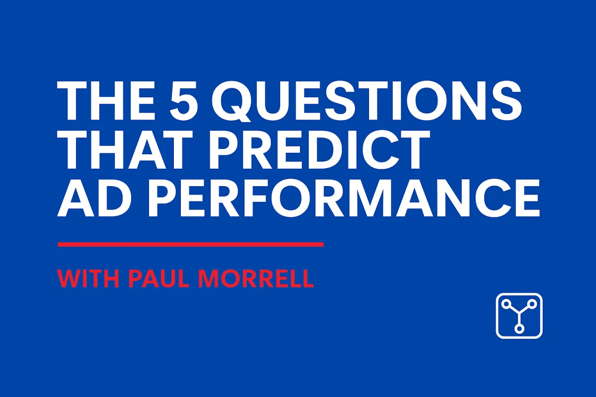 Blue title card with bold white text reading 'The 5 Questions That Predict Ad Performance' and red text below stating 'With Paul Morrell.' A small FluxCap-style logo appears in the bottom right corner.