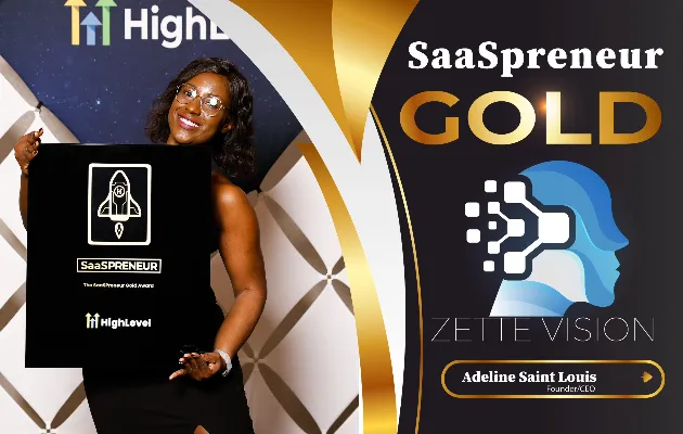 Adeline Saint Louis, Founder and CEO of Zette Vision, holding the Gold SaaSpreneur Award at the HighLevel summit.