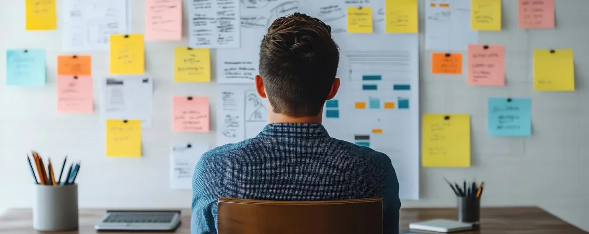 man staring at wall of post-it notes