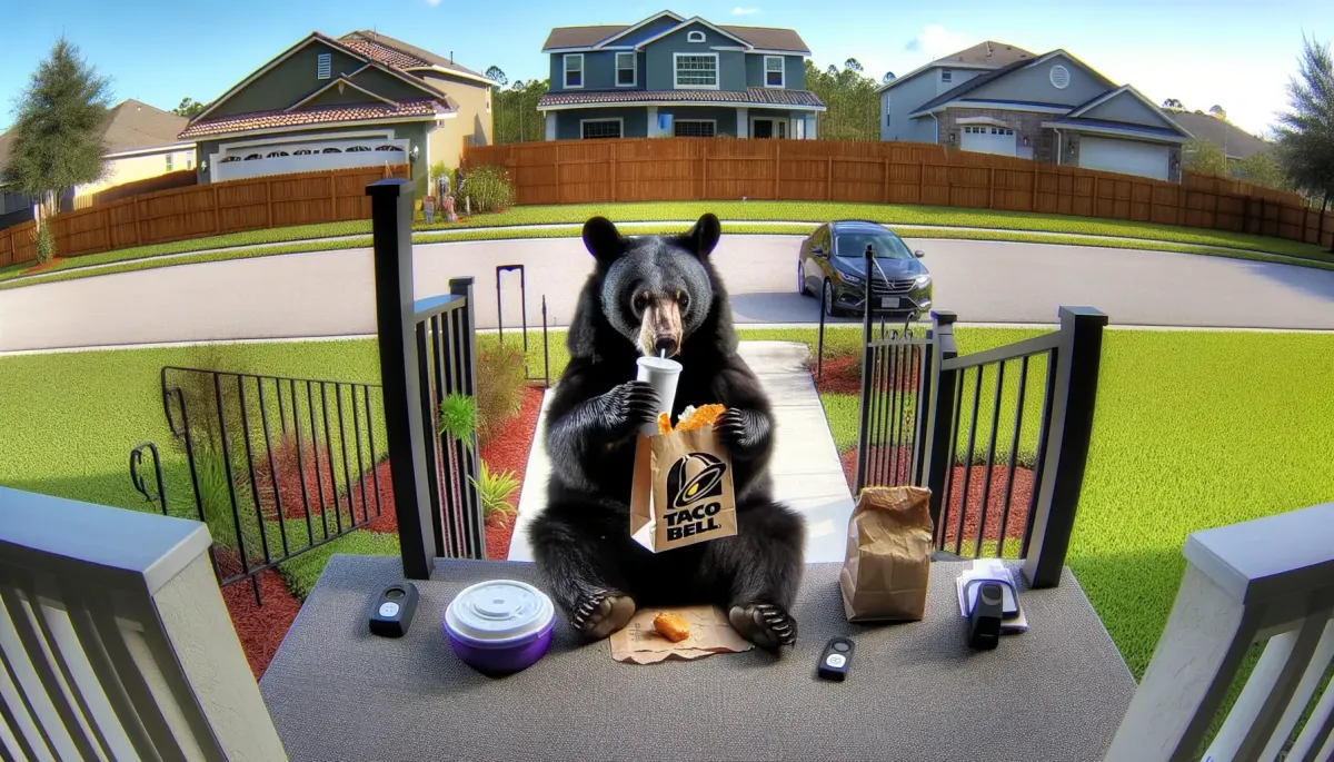 A humorous depiction of a black bear stealing a Taco Bell order from a porch in Orlando, symbolizing the need for secure fencing.