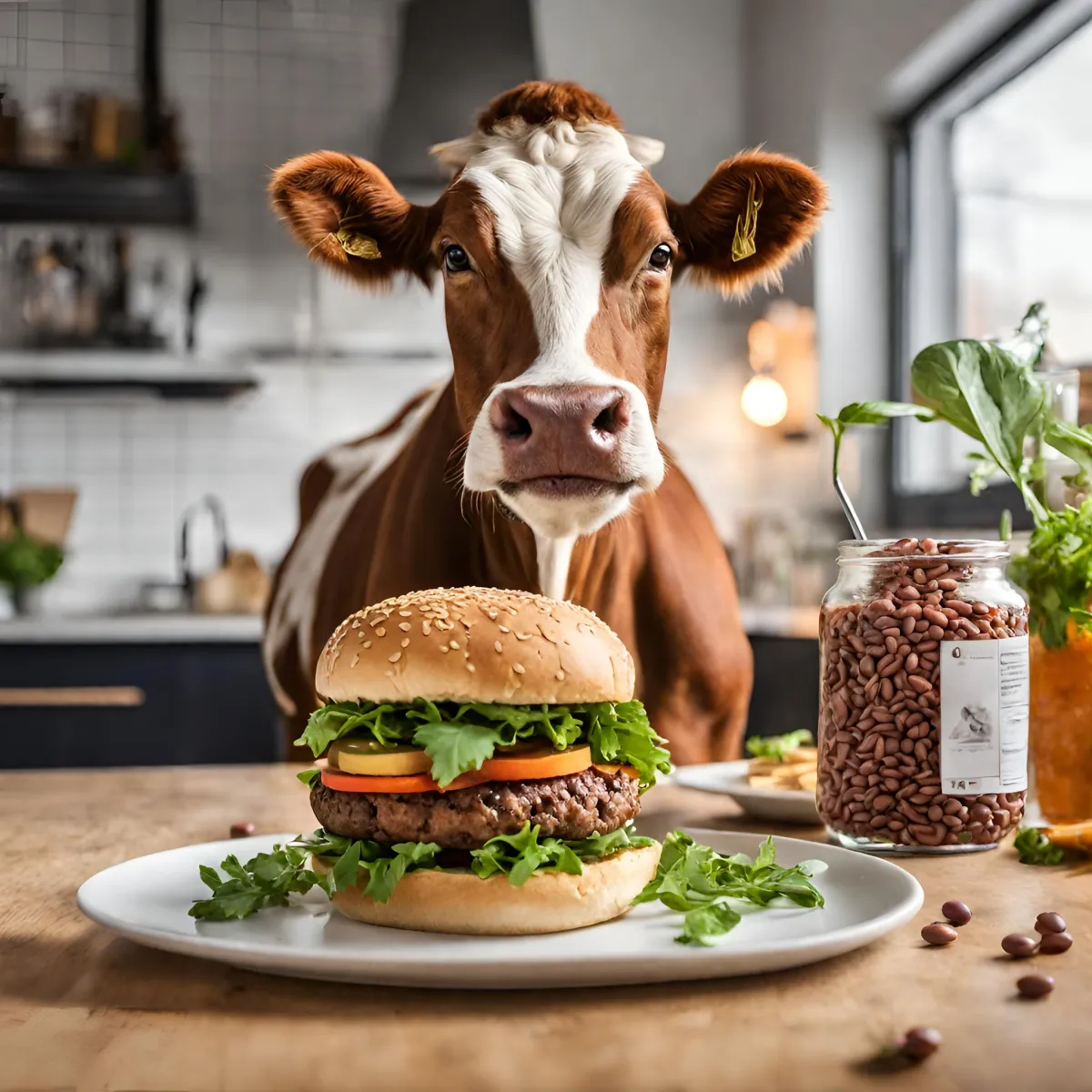 A cow in a kitchen with a vegan burger on the counter
