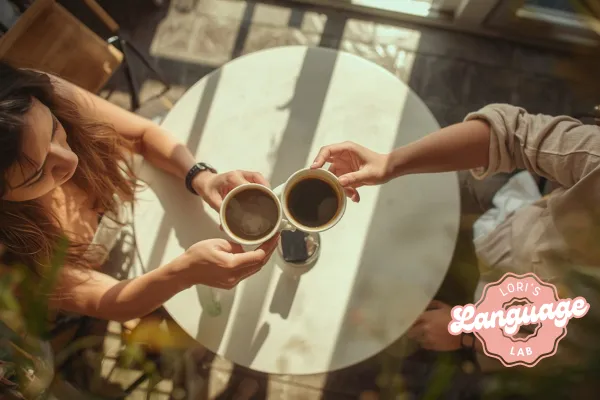 A warm, natural photo of an adult ordering coffee at a café counter, interacting with a barista in a relaxed, everyday setting that reflects real-life English conversation