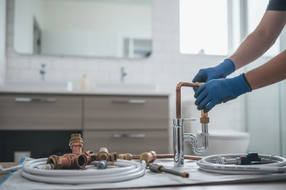 Plumber performing new plumbing installation in a modern Miami kitchen