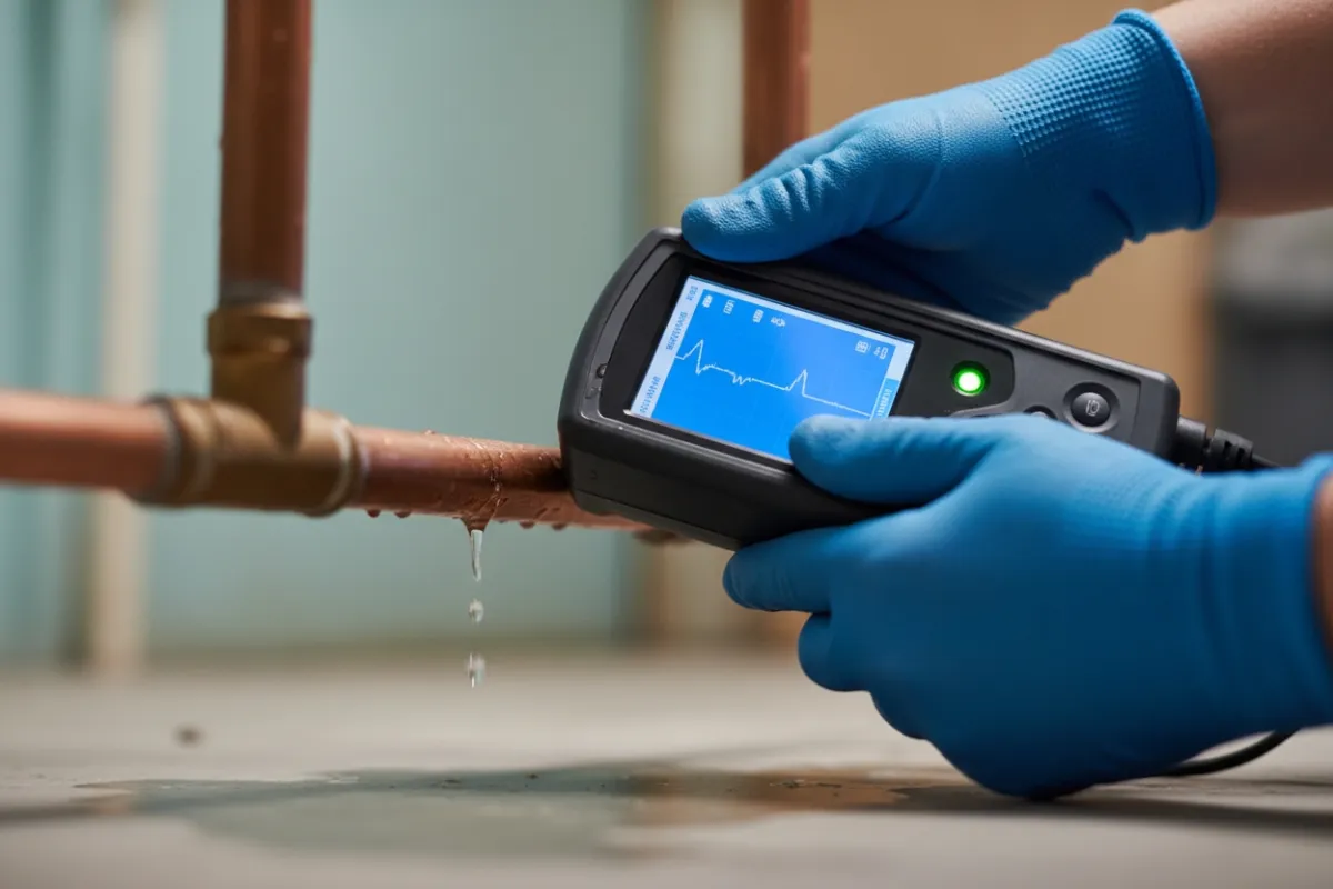 Plumber performing professional leak detection using infrared camera in a Miami home