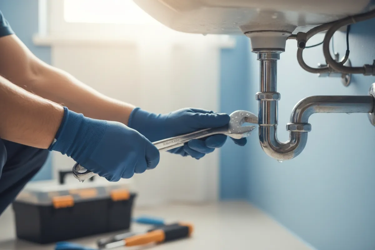 Plumber performing preventive plumbing maintenance under a kitchen sink in a Miami home