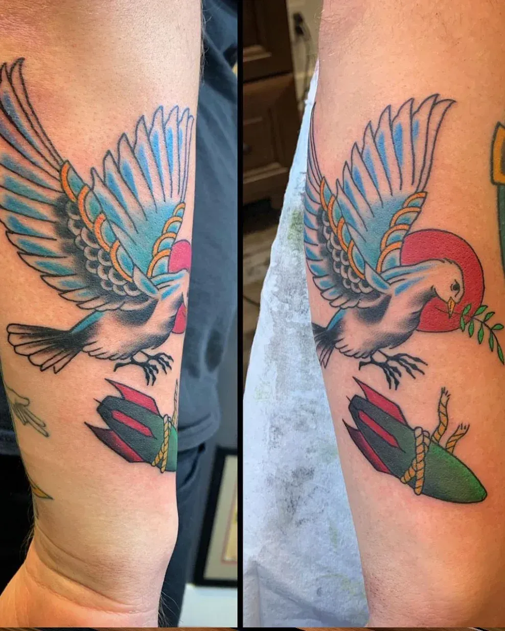 Trad Dove dropping bombs tattoo