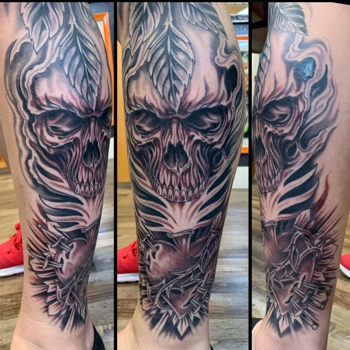 Skull and sacred heart in black and grey tattoo: Professional tattoo by Nicole Miller at Montana Tattoo Company in Missoula, MT 
