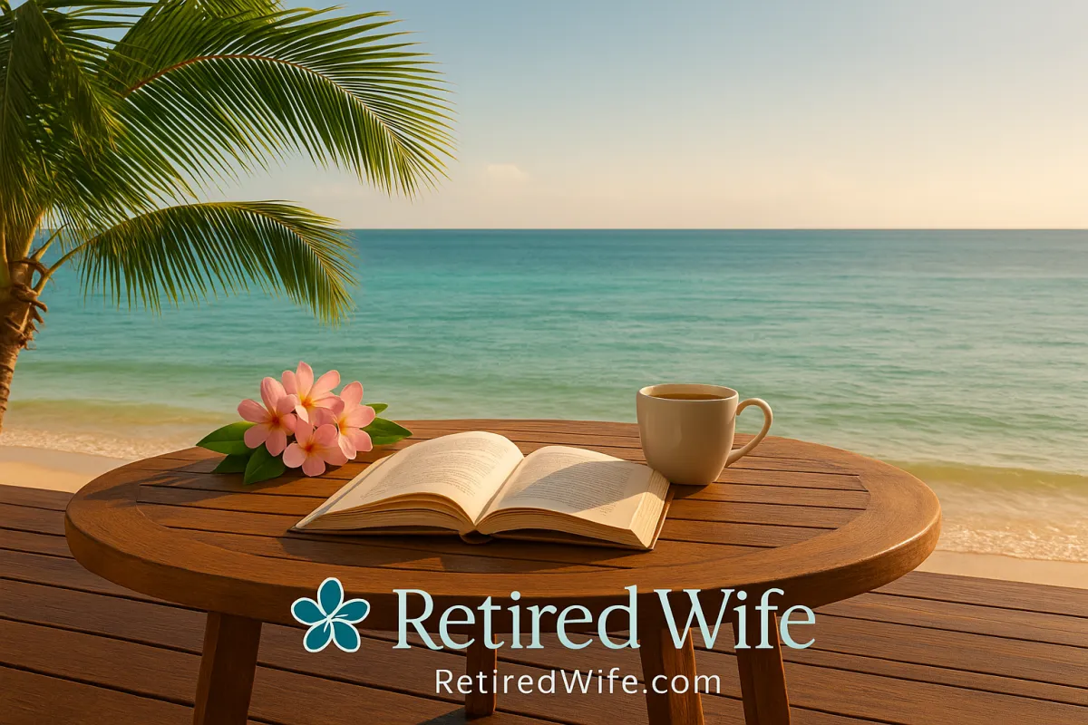 “Peaceful morning patio with open book, coffee, and plumeria flowers in soft golden sunlight.”