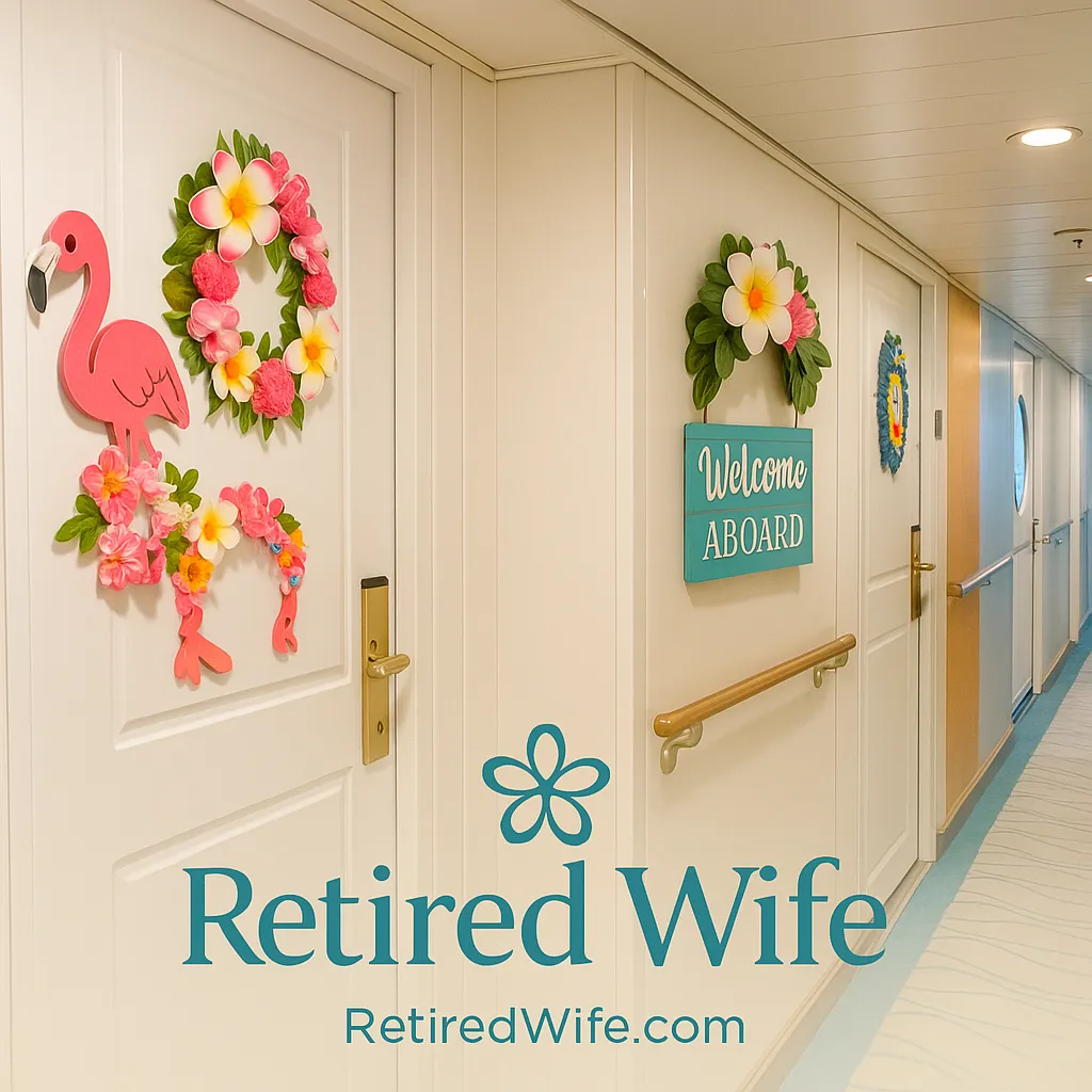 Cruise ship hallway with colorful, tropical cabin door signs — plumeria, flamingos, or “Welcome Aboard!” cheer.