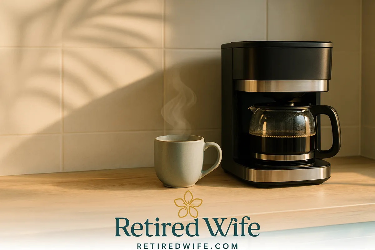 Modern tropical kitchen countertop with a compact coffee maker, steaming mug, and warm morning light — Retired Wife brand.