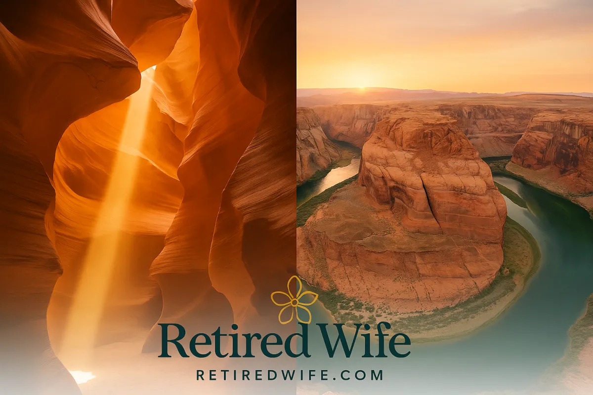 Blended view of Antelope Canyon’s glowing sandstone walls and Horseshoe Bend’s turquoise river under golden desert sunlight — Retired Wife Travel.