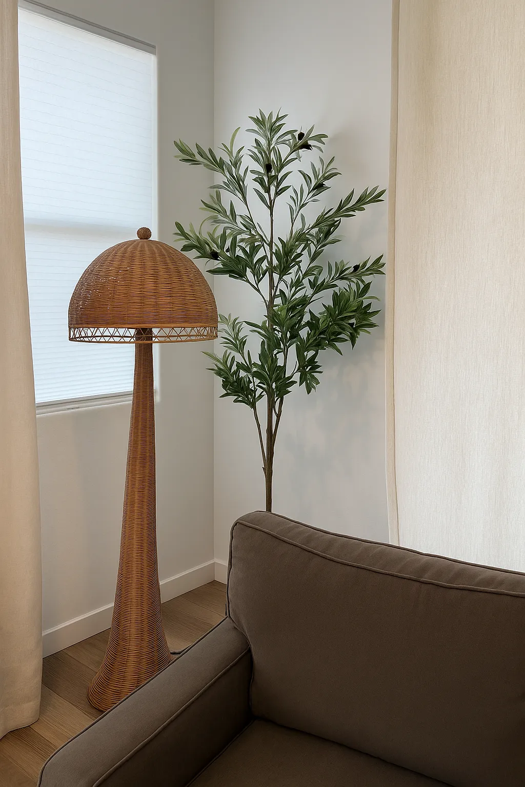 A faux olive tree styled in a bright, cozy living room next to a wicker lamp and window shade.