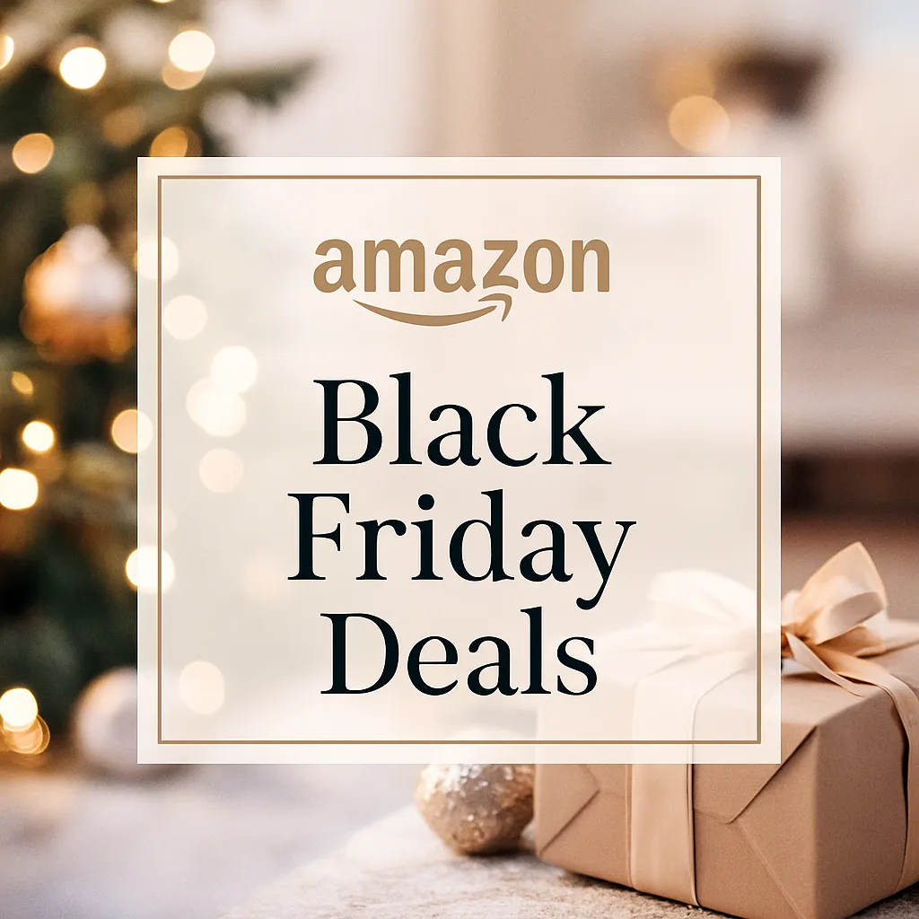 Holiday-themed Amazon Black Friday Deals graphic with cozy warm lighting and Christmas décor.