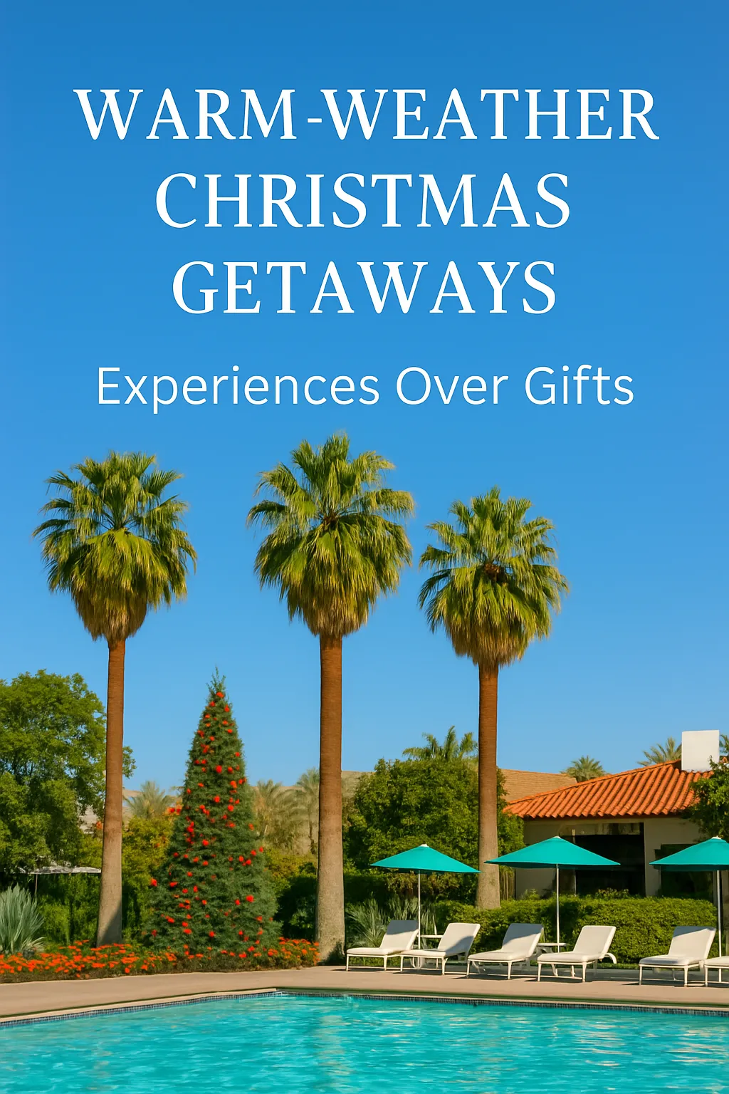 Palm trees and a resort pool decorated for Christmas, representing warm-weather Christmas getaways focused on experiences over gifts.