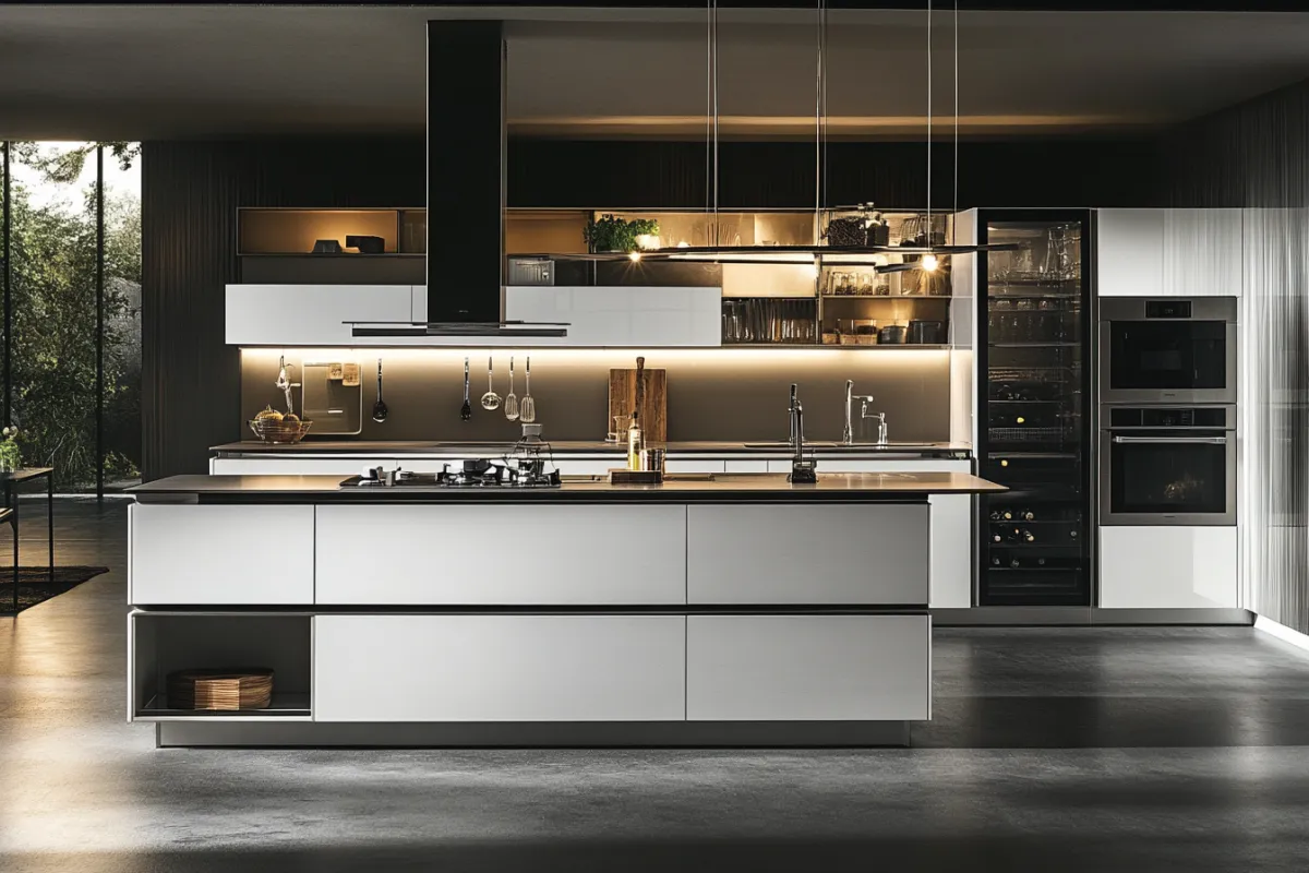 A dream kitchen featuring a sleek central island, high-gloss white cabinetry with the latest stainless-steel appliances, inviting lighting for a warm atmosphere, captured in an elegant and minimalist composition