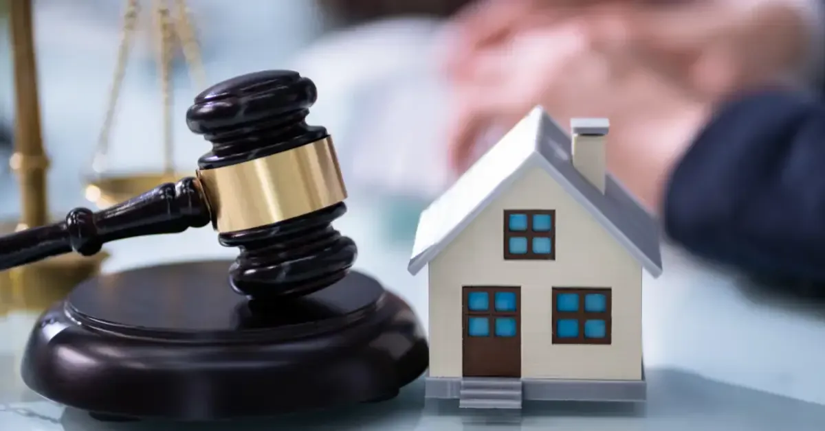 A judge’s gavel next to a small model house, symbolizing legal matters related to property or real estate.