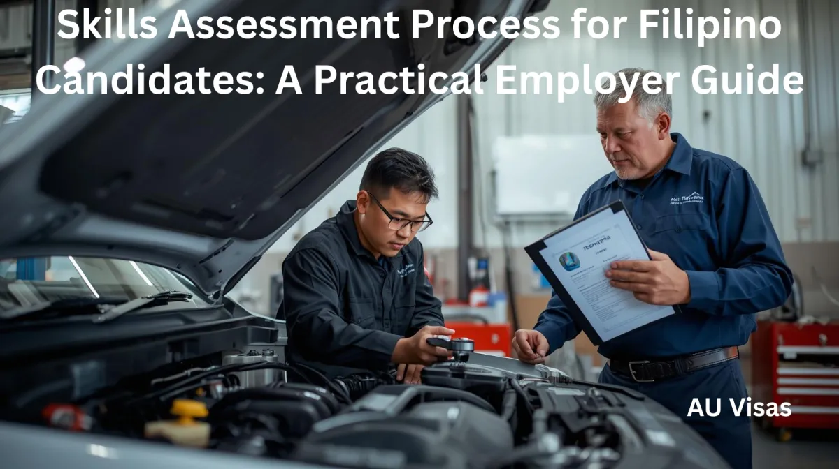 A Filipino tradesperson completing a hands-on practical skills assessment while Australian assessors observe and check competency against industry standards.