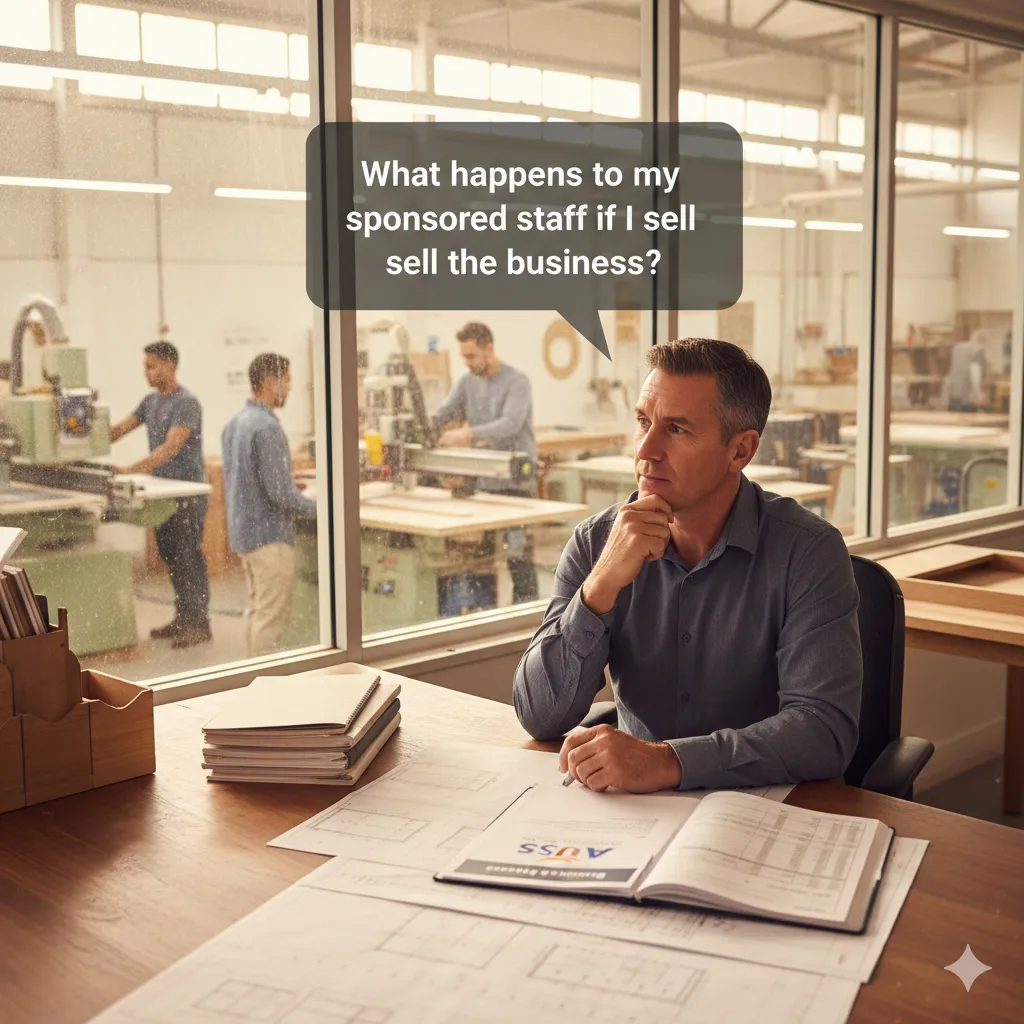Australian regional business owner reviewing sale documents while considering sponsored workforce continuity and visa planning during a business restructure.