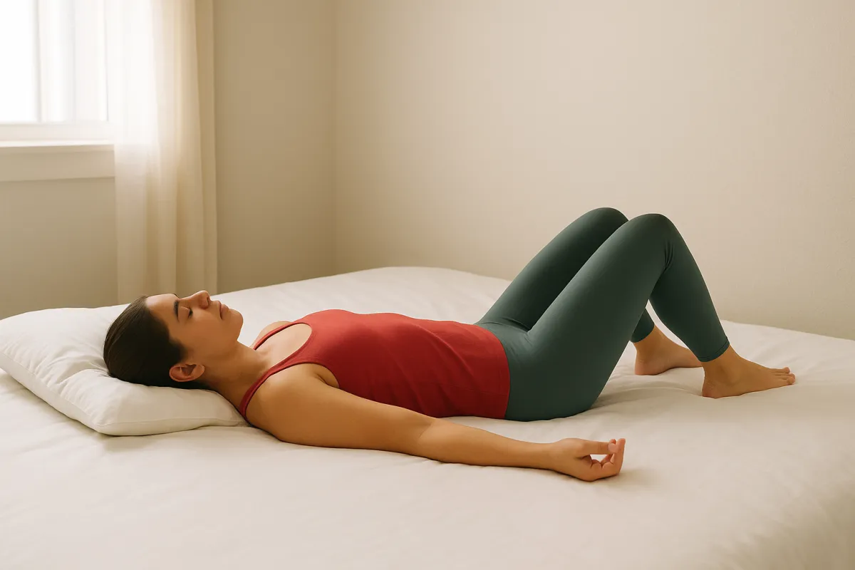Person lying in bed peacefully, practicing deep breathing to ease Chiari and CCI symptoms, with soft morning light in the room.