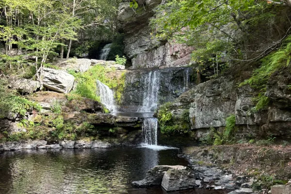 A waterfall surrounded by a nature trail