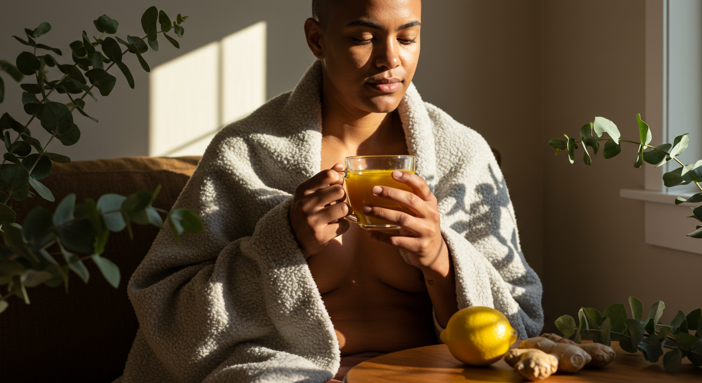 A gender non-conforming BIPOC person sitting in a cozy, sunlit space with a warm, nurturing vibe. They are wrapped in a soft blanket, sipping golden turmeric tea with fresh ginger and lemon visible on a nearby wooden table. Eucalyptus leaves or herbal elements are subtly placed in the scene. The person looks peaceful, grounded, and resilient, embodying holistic wellness and seasonal self-care. The lighting is natural and warm, with a calming, wellness-inspired aesthetic. Minimalist composition, no text on screen.