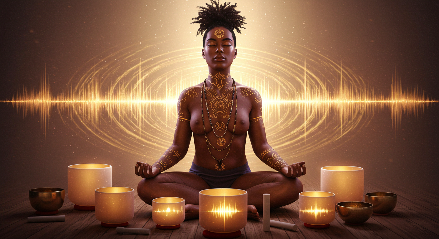 A realistic vibrant, calming image of a BIPOC genderqueer woman seated cross-legged with eyes closed, surrounded by crystal singing bowls, soft glowing light, and sound waves illustrated as flowing golden ripples in the air. The atmosphere feels serene yet powerful, evoking harmony, balance, and deep healing.