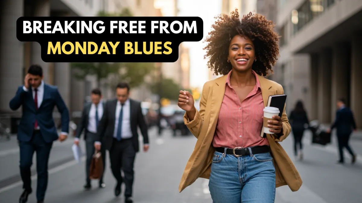 A vibrant, joyful BIPOC person walking confidently through a city street on a Monday morning, radiating energy and freedom. The background shows people rushing in suits looking tired and drained, while this person glows with bright colors, casual yet stylish clothing, holding a coffee or journal, symbolizing balance and authenticity. The scene conveys breaking free from monotony and living life on your own terms. Uplifting, motivational, lifestyle vibe. Bright, warm colors with a sense of movement and optimism.