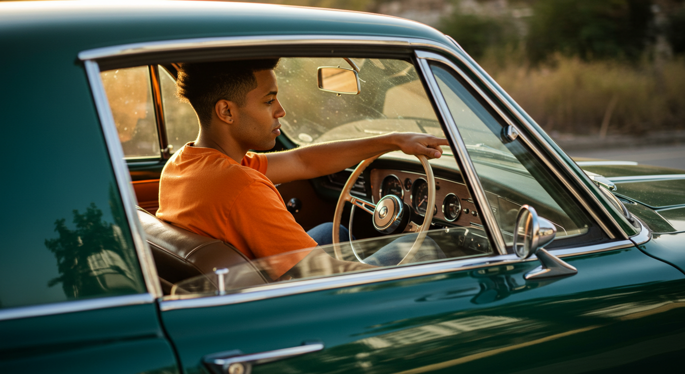 Light-brown skinned bipoc non-binary person, driving in their car. short high-fade haircut, orange shirt, etc. They should be driving in their car. No text on the image itself.