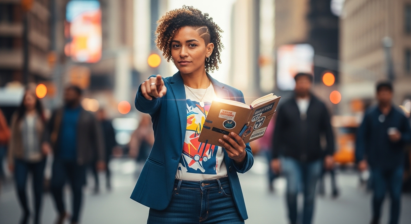 a photorealistic queer bipoc person showcasing The Power of Staying On Mission