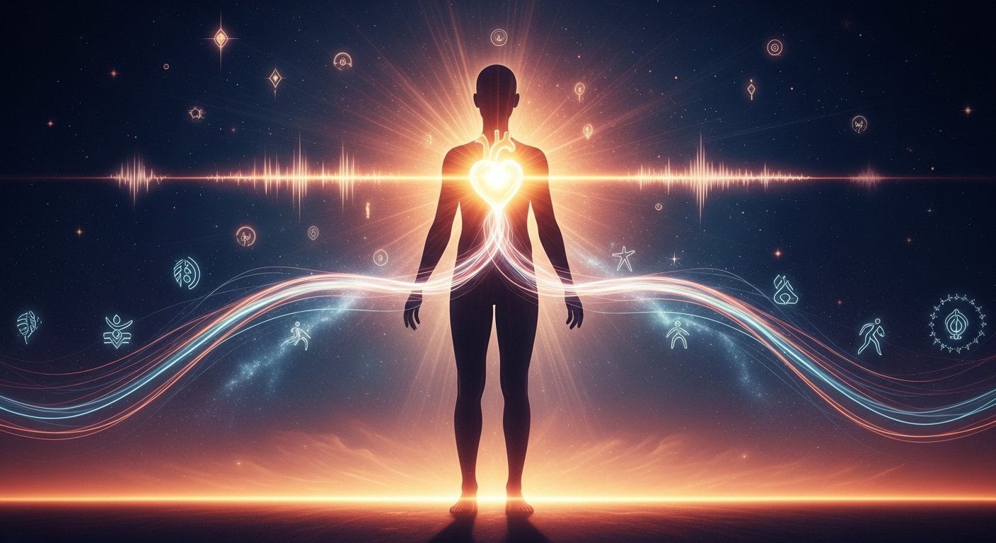 A human silhouette stands centered with a warm, glowing heart radiating light. Vibrant energy flows outward from the heart, surrounded by soft cosmic colors and subtle symbols of breath and movement. The scene feels spiritual, uplifting, and empowering, representing how inner beliefs shape real wellness.