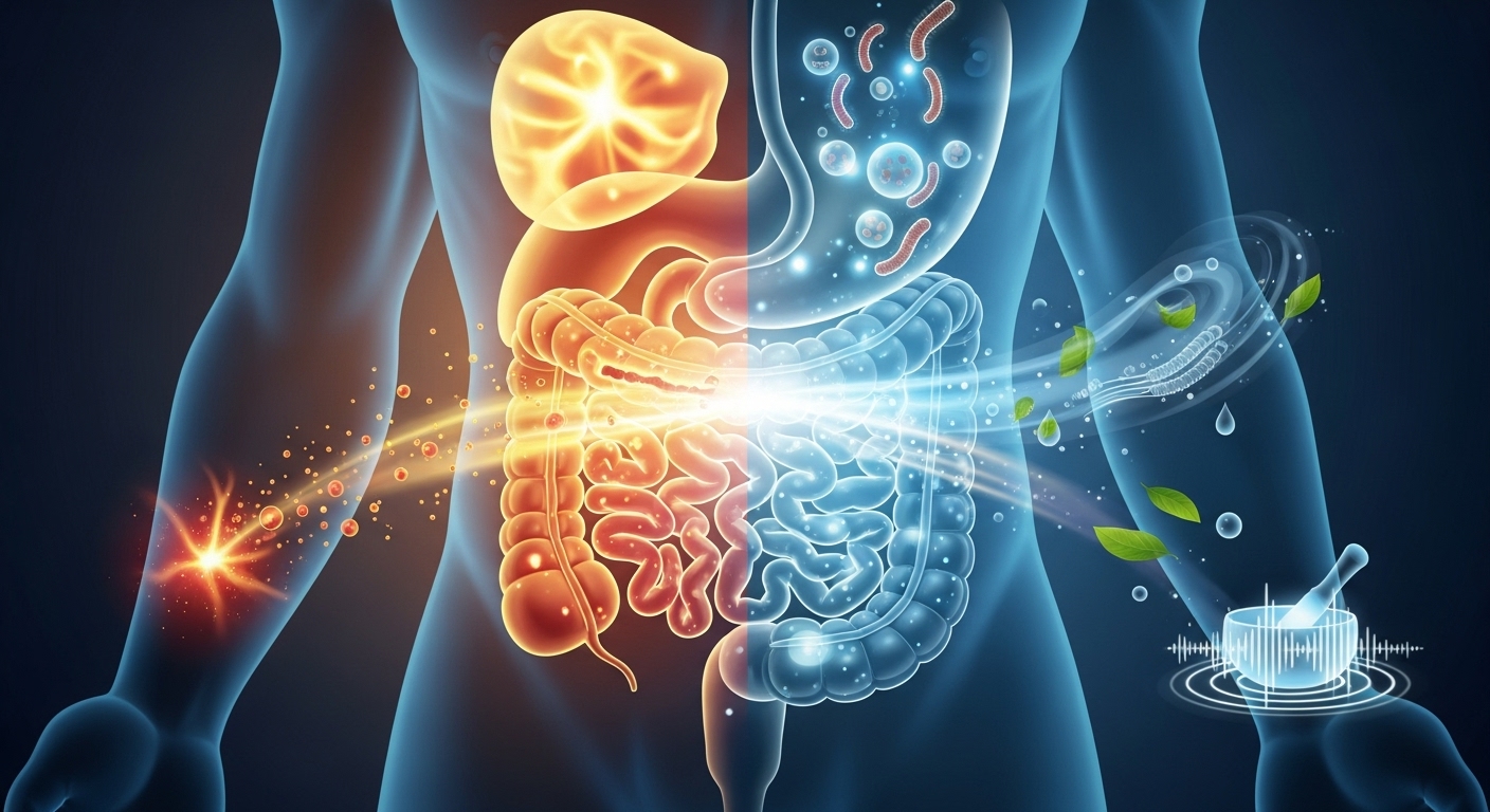 A modern, vibrant illustration showing a human torso with a transparent view of the digestive system. On the left side of the intestines, depict inflammation and a weakened gut lining with tiny particles slipping through to represent leaky gut. On the right side, show a smooth, glowing, healthy gut with balanced microbiome symbols like friendly bacteria shapes or soft luminescent orbs. Create a gentle transition of light moving from the inflamed area to the healed area to symbolize natural recovery. Surround the healthy side with subtle holistic elements such as swirling breath-like energy, floating leaves, soft water droplets, or soundwave ripples from a singing bowl. Use warm blues, yellows, and whites. No text or letters anywhere. Make the style clean, uplifting, and educational.