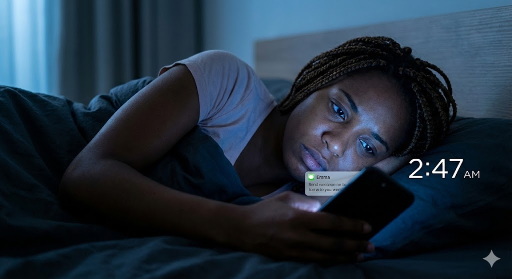 empathic woman receiving texts in the middle of the night