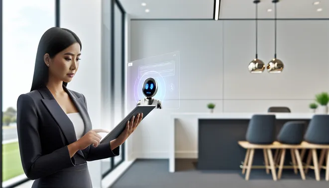 Real estate agent in modern Melbourne office using AI voice assistant on digital tablet