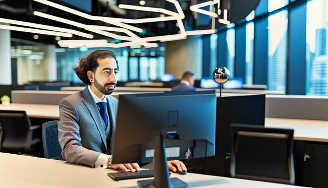 Melbourne real estate agent utilizing AI technology in a modern, bright office space