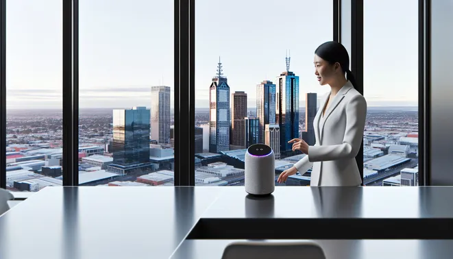 Melbourne realtor using AI voice assistant in a sleek, modern office with city view