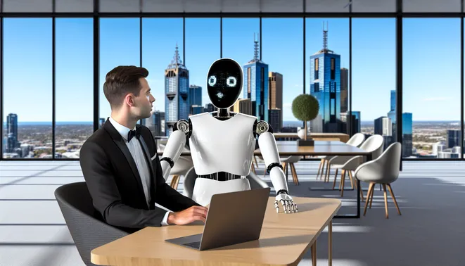 Real estate agent conversing with AI voice assistant in sleek Melbourne office with city views