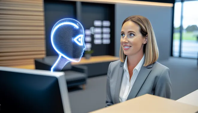 Real estate agent interacting with virtual AI receptionist in modern Melbourne office space.