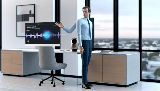 Real estate agent interacting with AI voice assistant in a modern Melbourne office setting.