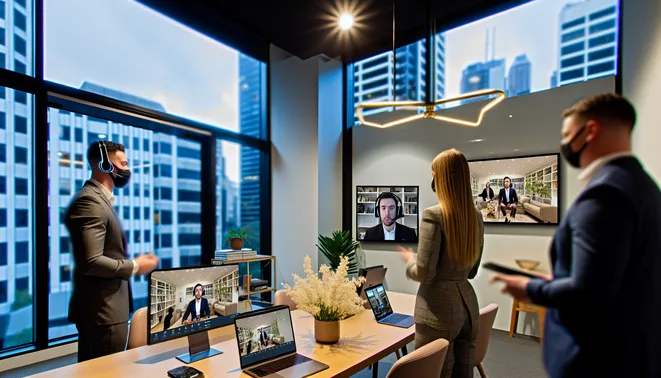Real estate team in a Melbourne office using AI technology for virtual client interactions.